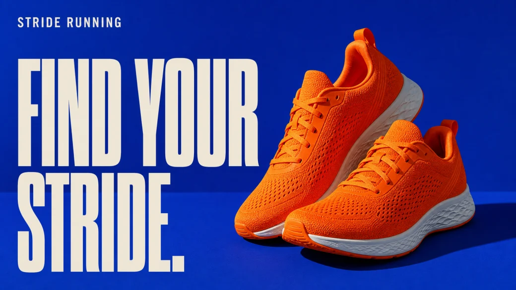 Stride Running post generated by Indoo: orange running shoes on cobalt blue beside the headline Find your stride.